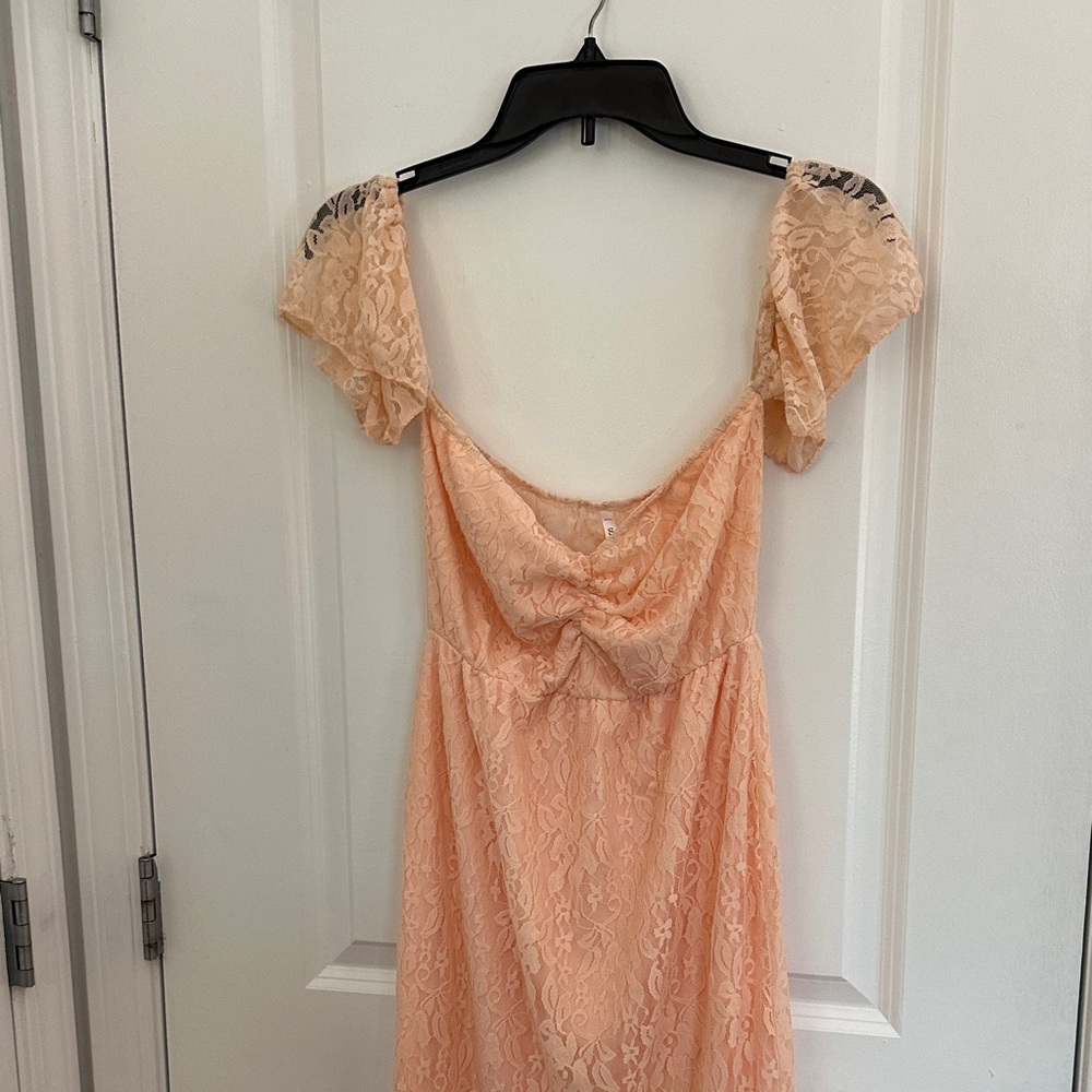 Peach Lace Dress with Puff Sleeves